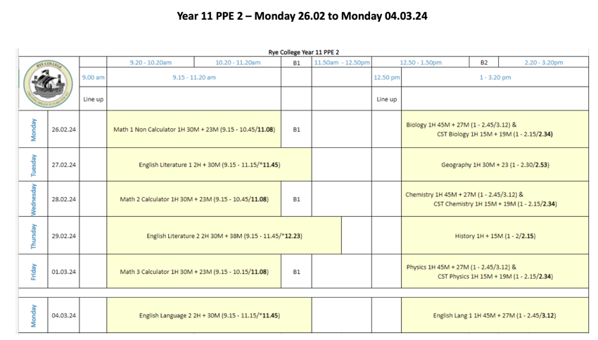 Image of Year 11 PPE (Mock) Examination Timetable February 2024