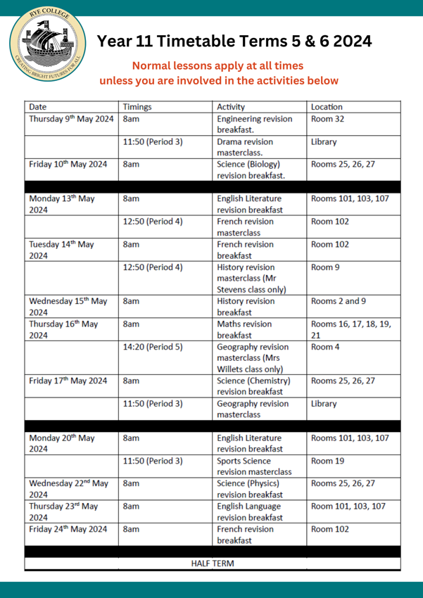Image of Year 11 Timetable Terms 5 & 6 2024