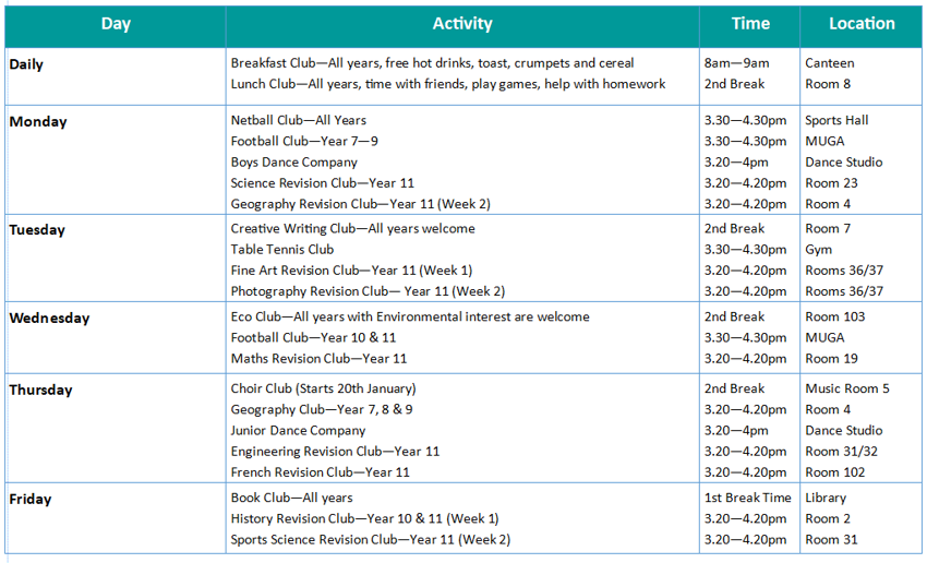 Image of Clubs Timetable Term 3 