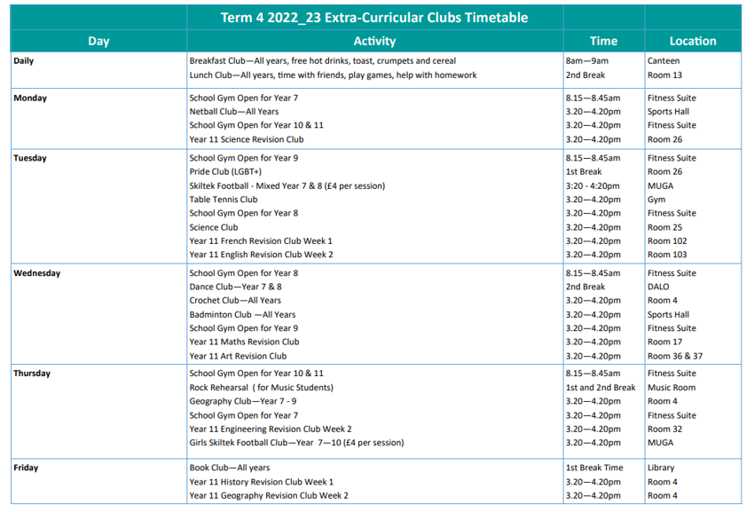 Image of Term 4 Clubs Timetable 